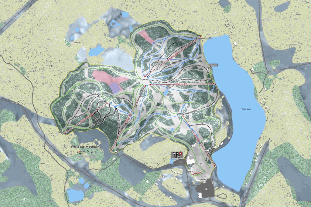Whitecap Mountains winter trail map showing all 43 runs and lifts.